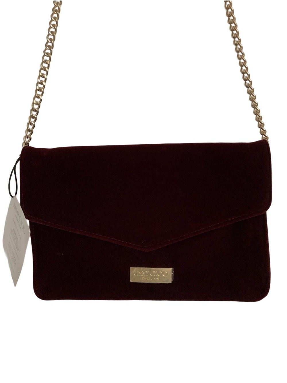JIMMY CHOO Dark Burgundy Wine Nylon Velvet Snap Front Gold Chain Crossbody Bag